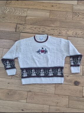 croft & barrow Cream Snowman Crewneck Sweater with Black & Red Trim
